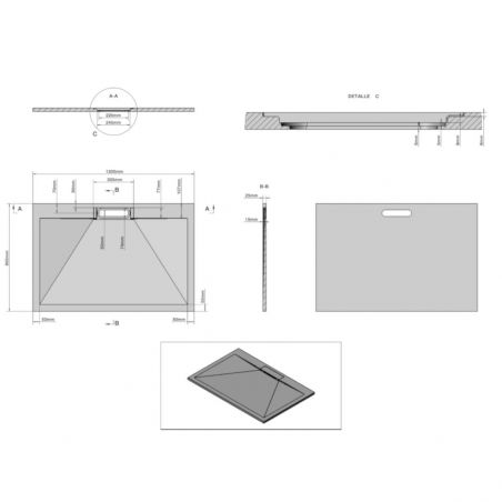 Duschwanne, Mineralwerkstoff, 100,120 x 80 cm, Höhe 2,5 cm, verdeckter Ablauf, Ausschnitt, Creme, Santiago