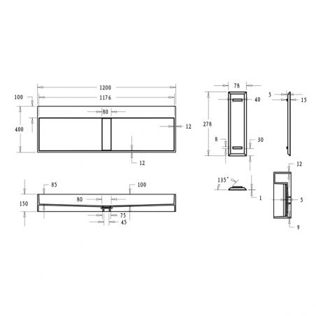 EGO 6028 Doppelwaschbecken, einzelner Abfluss, Mattanthrazit, Marmor-Verbundwerkstoff , Wand- oder Aufsatzmontage Platte, 120x40