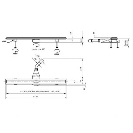 Fliesen-Duscharmatur , Siphon Viega, Einbaumodell unter der Platte, Chrom, Slim, Größen 50-120 cm, Breite 3,2 cm