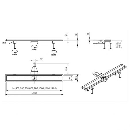 Duschrinne, Smart Pipe Siphon, Premium Low Black, Größen zwischen 50-120 cm, Breite 7,6 cm, Edelstahl