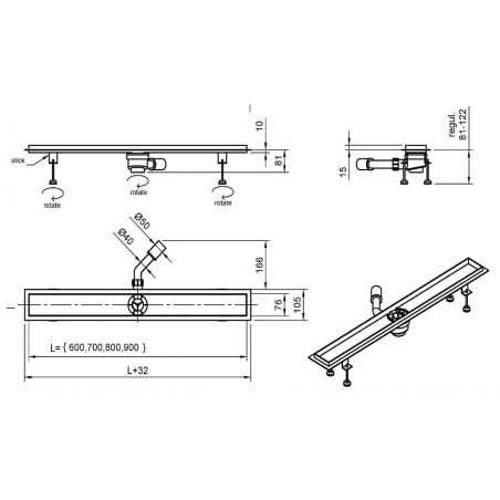 Duschrinne, Smart Pipe Siphon, Premium Black & Gold, Größen zwischen 60–90 cm, Breite 7,6 cm, Edelstahl