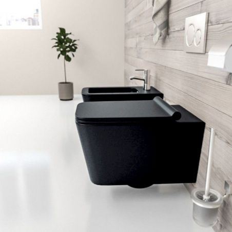 EGO Alfonso Rimless Toilettenschüssel, Mattschwarz, Power Color, hängende Montage, Duroplast Slim Soft-Close-Deckel inklusive