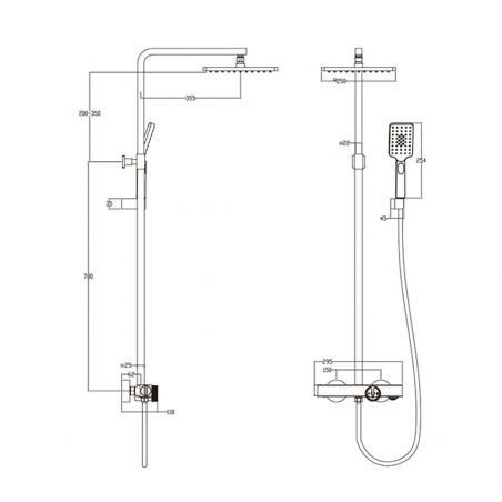 Systemdusche und Badewanne mit Thermostat, Dexter, Brushed Gold, Regenbrause 25x25, Handbrause, Wandmontage