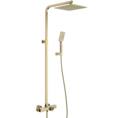 Systemdusche und Badewanne mit Thermostat, Dexter, Brushed Gold, Regenbrause 25x25, Handbrause, Wandmontage