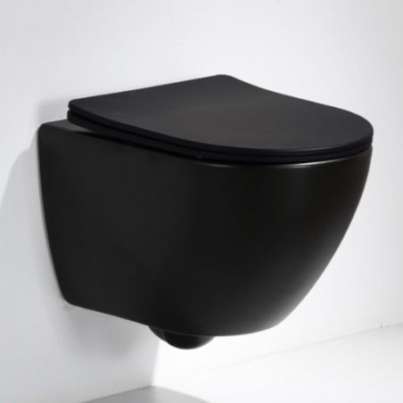 WC Ben , Schwarz glänzend, Randlos, 49x36 cm, Hängemontage, Duroplast-Deckel, Sanitärkeramik