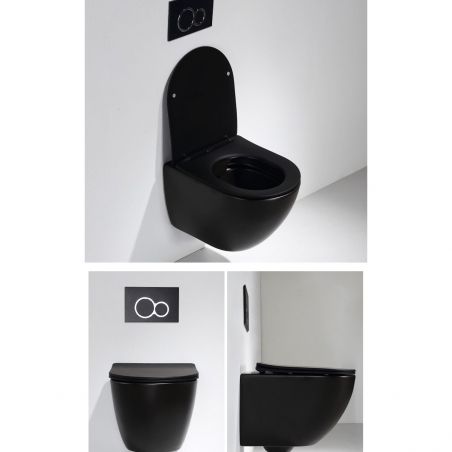 WC Ben , Schwarz glänzend, Randlos, 49x36 cm, Hängemontage, Duroplast-Deckel, Sanitärkeramik