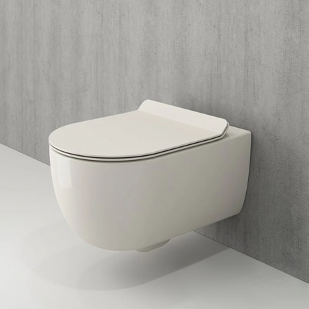 EGO Michael Rimless WC-Schüssel, 49x36 cm, Glossy Biscuit Cream, hängende Montage, Duroplast Soft -Close Easy-Off-Deckel