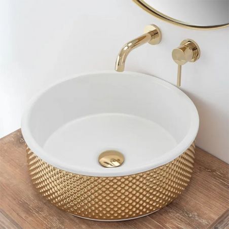 Spüle Gino, innen weiß, außen gold, Durchmesser 43 cm, Einbau auf der Arbeitsplatte, Sanitär Keramik