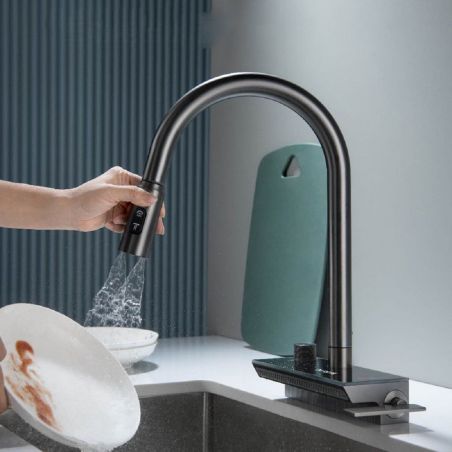 Küchenarmatur, Hydroelektrisches Digitaldisplay mit Wasserfall, ausziehbare Dusche 3 Arten, 360 Grad drehbarer Wasserhahn, schwa