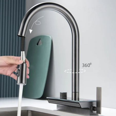 Küchenarmatur, Hydroelektrisches Digitaldisplay mit Wasserfall, ausziehbare Dusche 3 Arten, 360 Grad drehbarer Wasserhahn, schwa