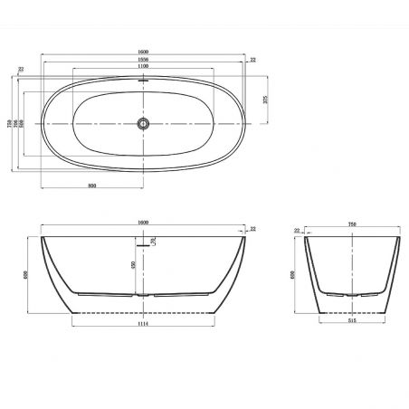 Zinon-Badewanne, Sanitäracryl, innen weiß glänzend, außen glänzend schwarz, 160 oder 170 cm, Wärmedämmung, freistehend