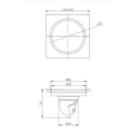 Easy-Clean Bodenablauf, Anti-Geruch, Chrom, 100x100 mm, Messing, vertikaler Abgang 45 mm