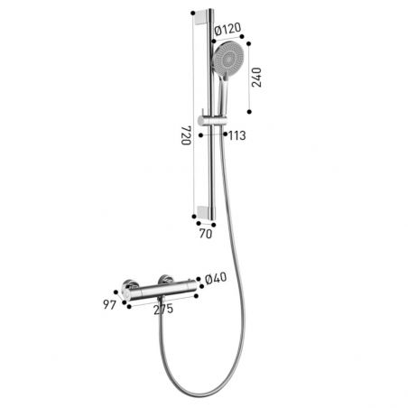 Duschsystem, Vernet-Thermostat, Handbrause mit 3 Düsen, Schiebestange, Chrom, Pilos