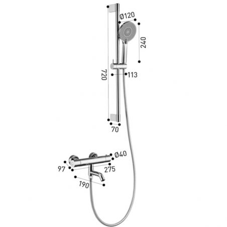 Duschsystem und Badewannenarmatur, Mattschwarz, Thermostat Vernet, Handbrause mit 3 Düsen, Schiebestange, Pilos