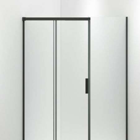 Duschkabine, feste Wand und Schiebetür, 6 mm Sicherheitsglas, 70–90 x 100–180 cm, mattschwarzes Profil, Hanes