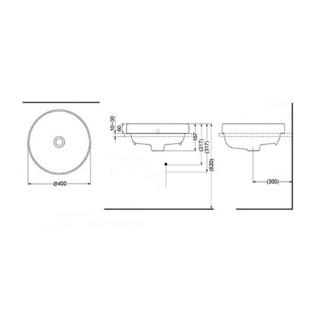 Waschbecken, Weiß, Durchmesser 40 cm, ohne Hahnloch, Einbau Halbeinbau, Sanitärkeramik, Globus