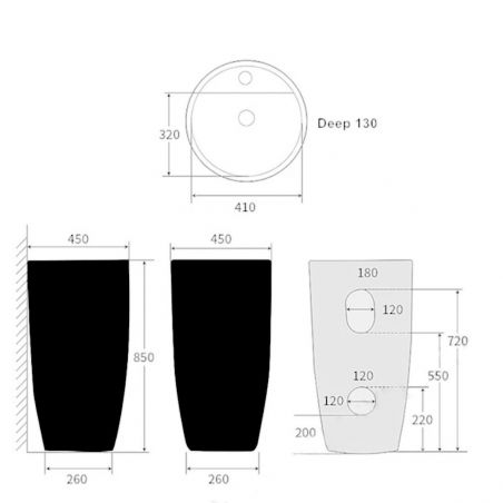 Fida-Standwaschbecken, außen schwarz und innen weiß, 45x45x85 cm, Bodenmontage, Sanitärkeramik