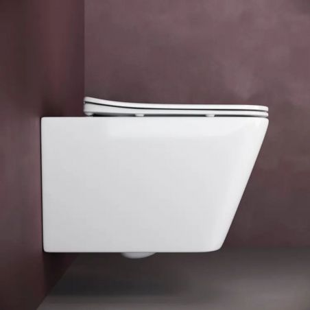 Randlose Toilettenschüssel, weiß glänzend, hängende Montage, Duroplast Slim Soft-Close-Deckel inklusive, Alfonso