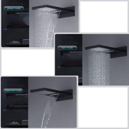 Duschsystem, Regendusche und Wasserfall mit Wandmontage, eingebauter Wasserhahn mit Thermostat, Schwarz, Gitano