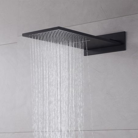 Duschsystem, Regendusche und Wasserfall mit Wandmontage, eingebauter Wasserhahn mit Thermostat, Schwarz, Gitano