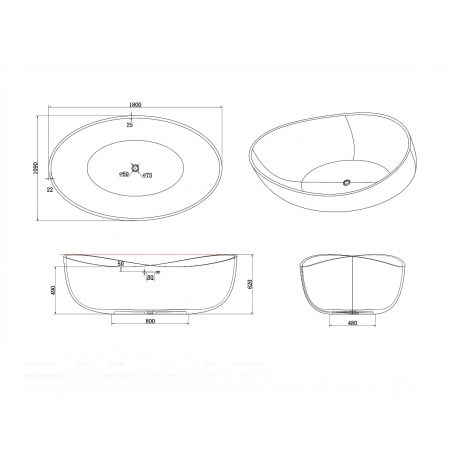 Badewanne, freistehend, Mineralwerkstoff, schwarzes Ventil inklusive, Mattschwarz, 180x109 cm, Lirio