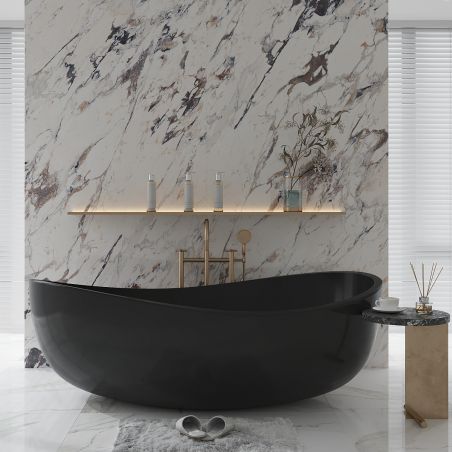 Badewanne, freistehend, Mineralwerkstoff, schwarzes Ventil inklusive, Mattschwarz, 180x109 cm, Lirio