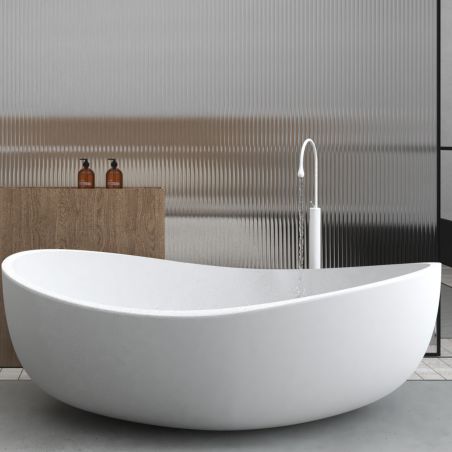 Badewanne, freistehend, Mineralwerkstoff, weißes Ventil inklusive, Glossy White, 180x109 cm, Lirio