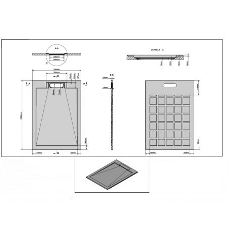 Mineralwerkstoff-Duschwanne, Maße 70-90 x 90- 160 cm, Höhe 2,5 cm, verdeckter Ablauf, Ausschnitt, Weiß, Antonio