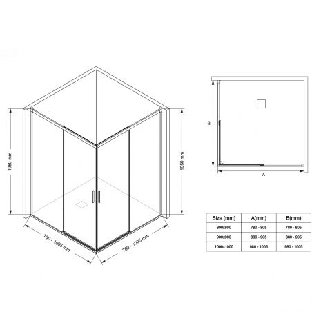 Duschkabine, 2 Schiebetüren, 6 mm Sicherheitsglas, 80–100 x 80–100 cm, mattschwarzes Profil, Medea