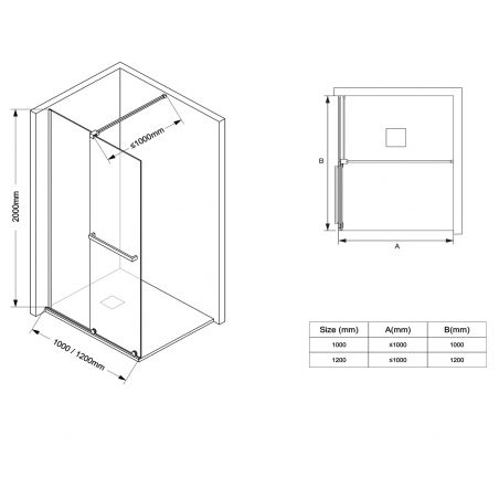 Walk-In Duschwand, 6 mm Sicherheitsglas, 2 Elemente, verschiebbar, Maße 100-120x200 cm, Mattschwarz, Benito