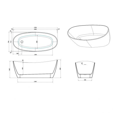 Freistehende Badewanne, Sanitäracryl, Weiß glänzend, 170x75 cm, Wärmedämmung, Ania