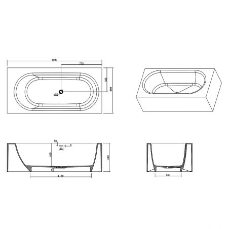 Badewanne, freistehend, Mineralwerkstoff, Ventil inklusive, Glossy White, 180x86 cm, Anda