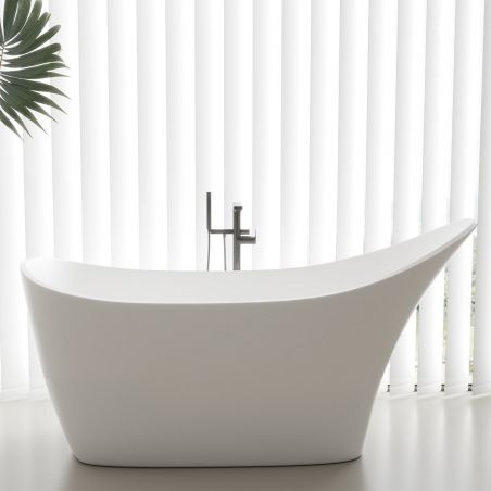 Badewanne, freistehend, Mineralwerkstoff, weißes Ventil inklusive, Glossy White, 172x74 cm, Evelin