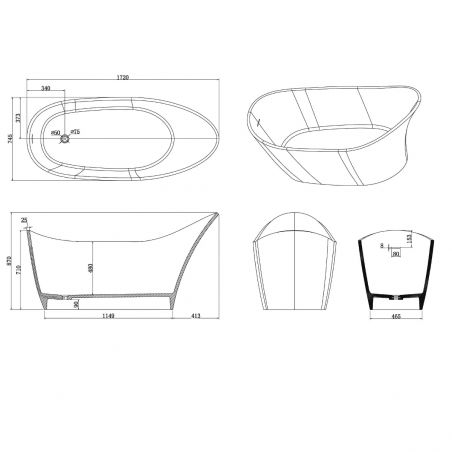 Badewanne, freistehend, Mineralwerkstoff, weißes Ventil inklusive, Glossy White, 172x74 cm, Evelin