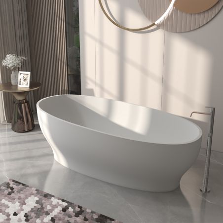 Badewanne, freistehend, Mineralwerkstoff, inklusive weißem Ventil, Glossy White, 170x85 cm, Noemi