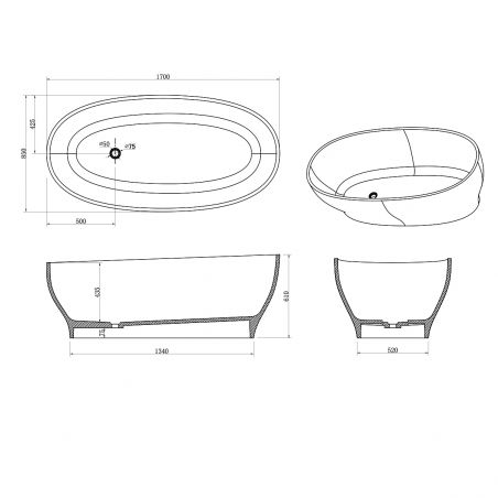 Badewanne, freistehend, Mineralwerkstoff, inklusive weißem Ventil, Glossy White, 170x85 cm, Noemi