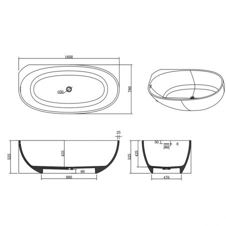 Badewanne, freistehend mit Eckmontage, Mineralwerkstoff, weißes Ventil inklusive, Glossy White, 160x78 cm, Fifi