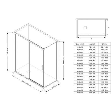 Duschkabine, feste Wand und Schiebetür, 6 mm Sicherheitsglas, 70–90 x 100–180 cm, mattschwarzes Profil, Hanes