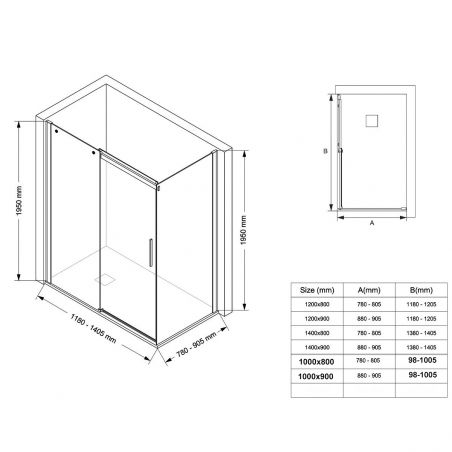 Duschkabine mit fester Wand und Schiebetür aus 6 mm Sicherheitsglas, 70x90 x100-100-160 cm,  goldenem Profil und Griff, Hanes