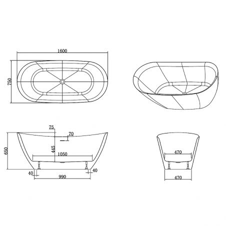 Badewanne Kevin, Sanitäracryl, Weiß glänzend, 150, 160, 170 cm, Wärmedämmung , freistehend