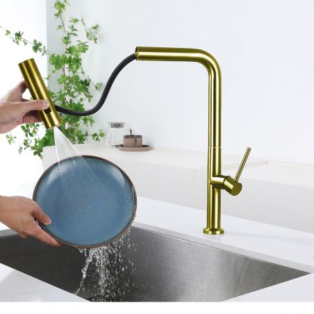 Küchenarmatur, ausziehbare Dusche, 3 Sprühtypen, 360° drehbarer Wasserhahn, Strahlregler, Edelstahl, Mattgold, Sahara