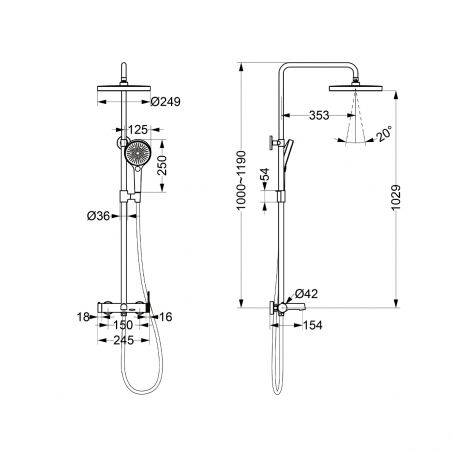 Duschsystem, Badewannenarmatur, 3 Funktionen, Wandmontage, Mattschwarz, Apolo