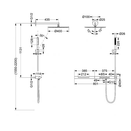 Dusch-und Badewannensystem mit Vernet Thermostat, Mattschwarz, 3 Funktionen, Unterputzmontage, Elio