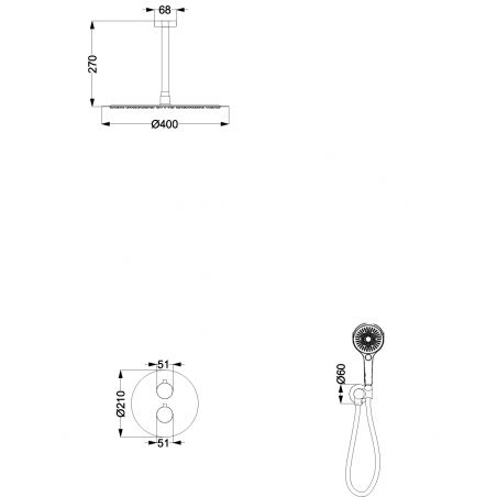 Duschsystem, Einbauarmatur mit Thermostat, 2 Funktionen, Deckenmontage, Regendusche, Mattschwarz, Apolo