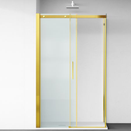 Duschkabine, feste Wand und Schiebetür, 8 mm Sicherheitsglas, Abmessungen 80-90 x 120-140 cm, Profil Mattgold, Giorgio