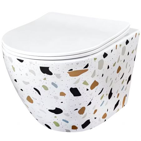 Hänge-WC Ben, Weiß Terrazzo, Rimless, 49x36 cm, Slim Duroplast-Deckel, Sanitärkeramik