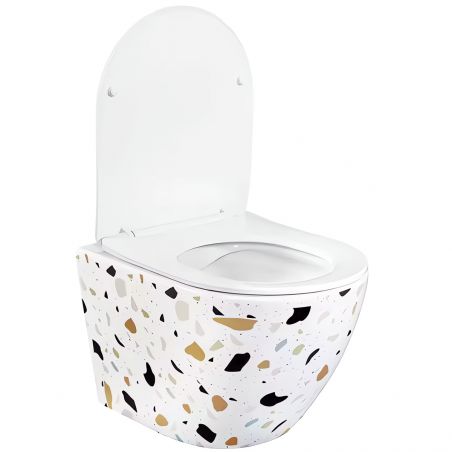 Hänge-WC Ben, Weiß Terrazzo, Rimless, 49x36 cm, Slim Duroplast-Deckel, Sanitärkeramik