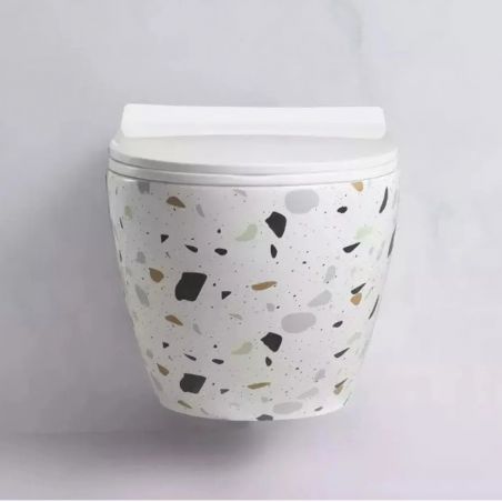 Hänge-WC Ben, Weiß Terrazzo, Rimless, 49x36 cm, Slim Duroplast-Deckel, Sanitärkeramik