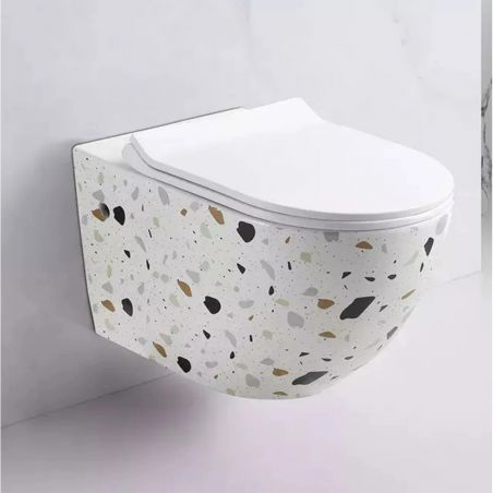 Hänge-WC Ben, Weiß Terrazzo, Rimless, 49x36 cm, Slim Duroplast-Deckel, Sanitärkeramik