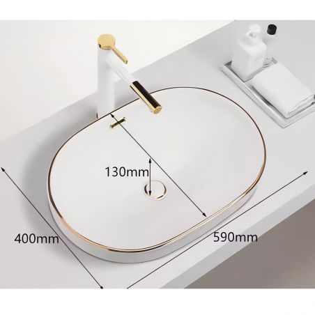 Glänzend weißes Waschbecken, 59x40 cm, halb eingelassen, ohne Bohrung für die Armatur, Filipo Gold Line